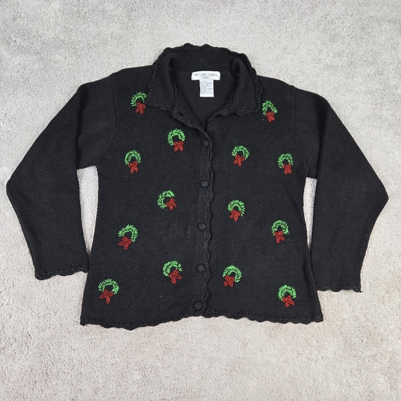 Victoria Jones Christmas Sweater Cardigan Petite Medium Knit Embroidered Festive - Picture 2 of 7